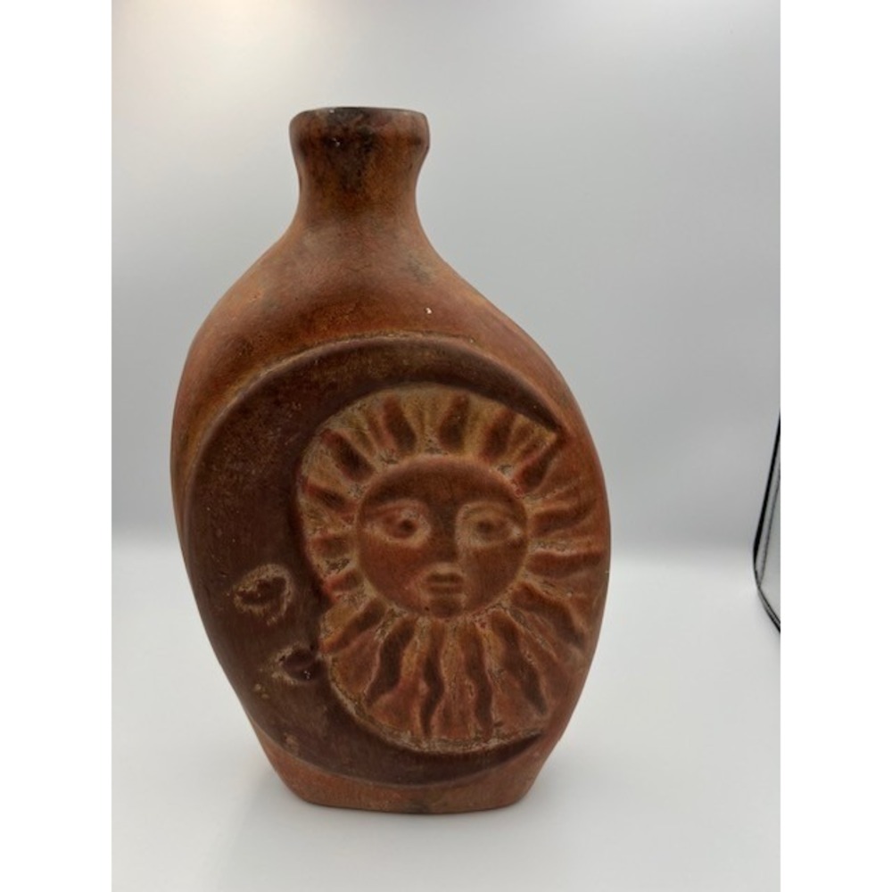 Mexican Folk Art Terracotta Sun and Moon Celestial Pottery Vase Rustic Red Clay